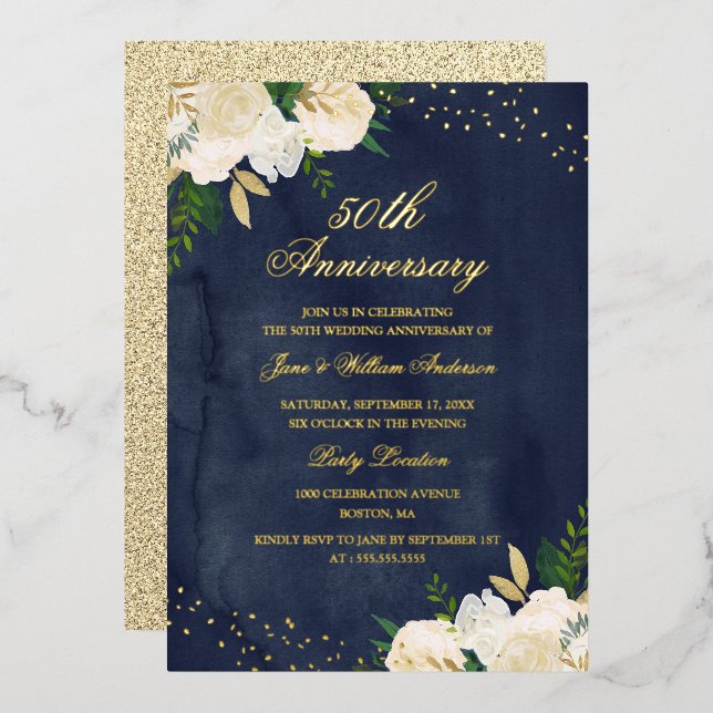 GOLD FOIL Navy Gold Floral 50 Jahre Jubiläum Folieneinladung (Vorderseite/Rückseite)