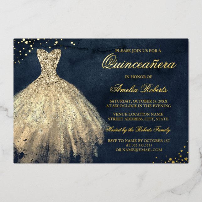 GOLD FOIL Navy Gold Sparkleider Quinceanera Folieneinladung (Vorderseite)