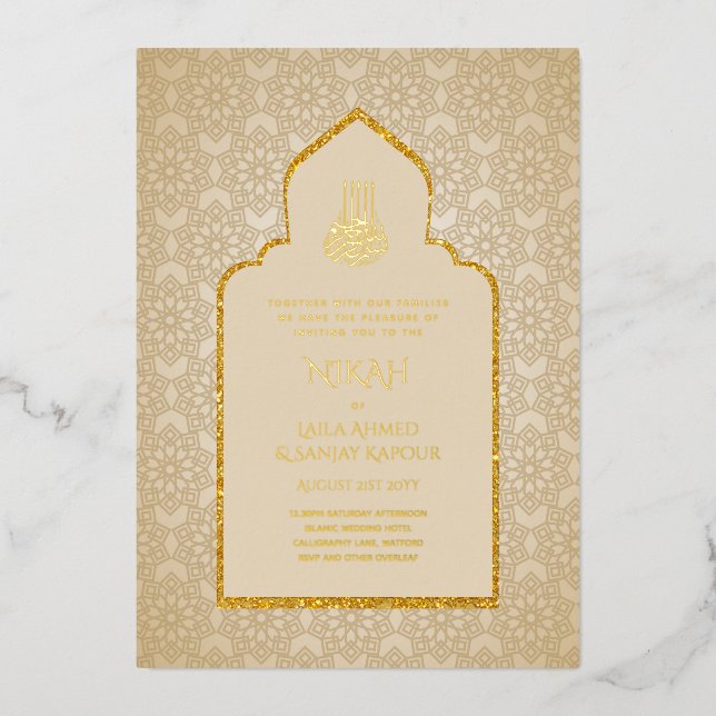 GOLD Foil Nikah Walima Islamische Hochzeit Folieneinladung (Vorderseite)
