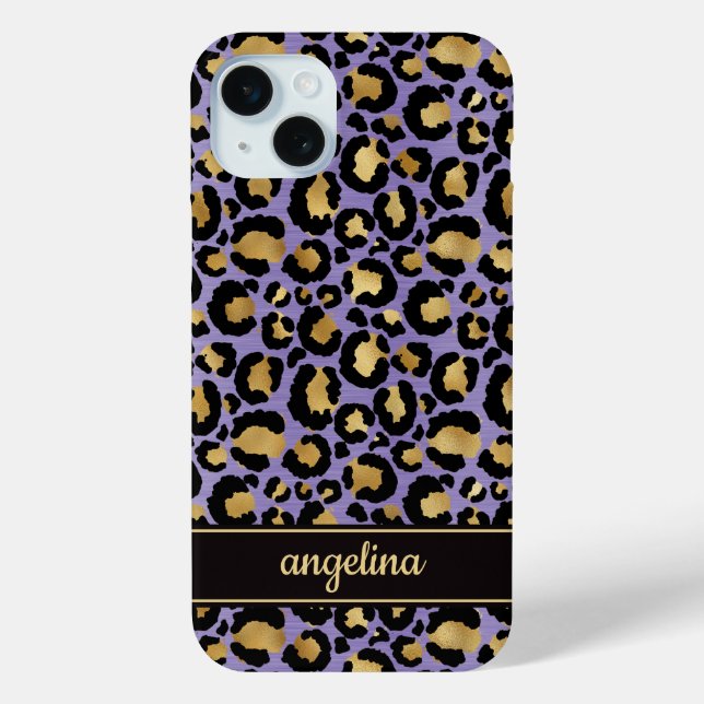 Gold Foil On Purple Leopard Print Monogrammed Case-Mate iPhone Hülle (Rückseite)