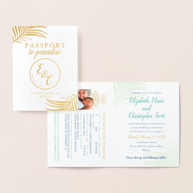 Gold Foil Passport Tropical Wedding Einladung (Anzeige)