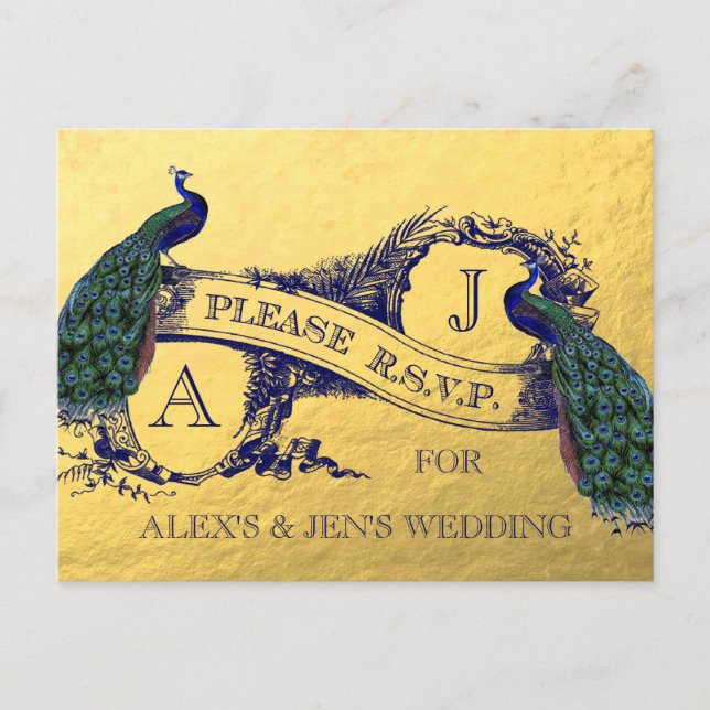 Gold Foil Peacock Wedding RSVP Postcard 2 Einladungspostkarte (Vorderseite)