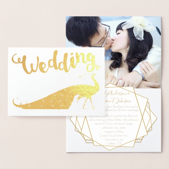 Gold Foil Pfau Ihr Foto Hochzeitseinladungen Folienkarte (Anzeige)
