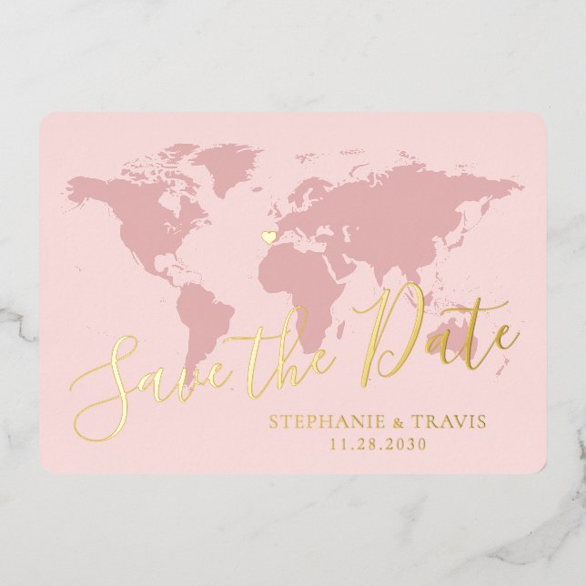 Gold Foil Pink World Map Zielort Save the Date Folieneinladung (Vorderseite)