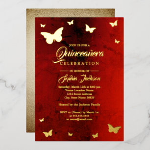 GOLD FOIL Red Butterfly Quinceanera Folieneinladung