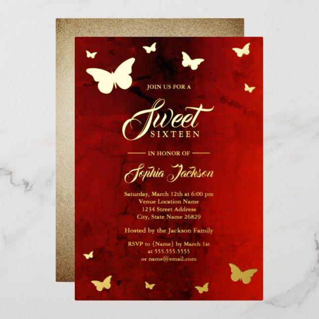 GOLD FOIL Red Butterfly Sweet 16 Party Folieneinladung (Vorderseite/Rückseite)