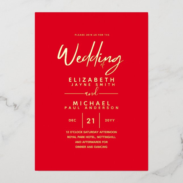 GOLD FOIL Red Modern All-in-1 Wedding Folieneinladung (Vorderseite)