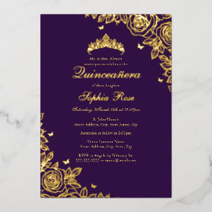 Gold Foil Rose Lila Quinceanera Geburtstag Folieneinladung