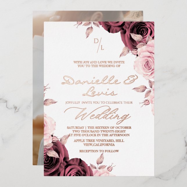 Gold Foil Rose Pink ⎮ Mauve Wedding Photo Folieneinladung (Vorderseite/Rückseite)