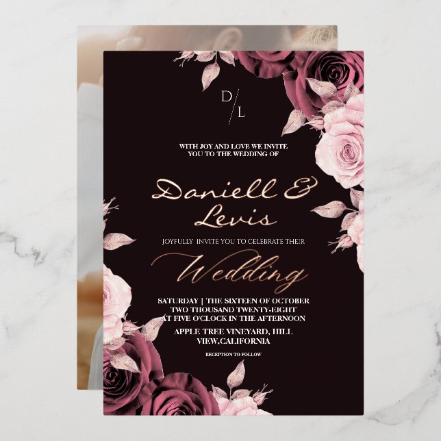 Gold Foil Rose Pink ⎮ Mauve Wedding Photo Folieneinladung (Vorderseite/Rückseite)