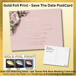 Gold Foil Save The Date Pink Roses Doves Postcard Folie Einladungspostkarte