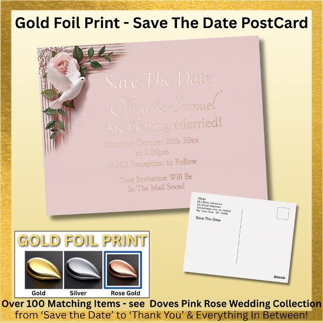 Gold Foil Save The Date Pink Roses Doves Postcard Folie Einladungspostkarte (Von Creator hochgeladen)