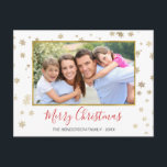 Gold Foil Schneeflocken Frohe Weihnachts-Foto-Kart Feiertagspostkarte<br><div class="desc">Imitats Gold Foil Schneeflocken Frohe Weihnachten - Urlaub Foto Card. Das Bild,  das Datum und der Familienname können auf dieser einfachen und eleganten Weihnachtsfotokarte ersetzt werden.</div>