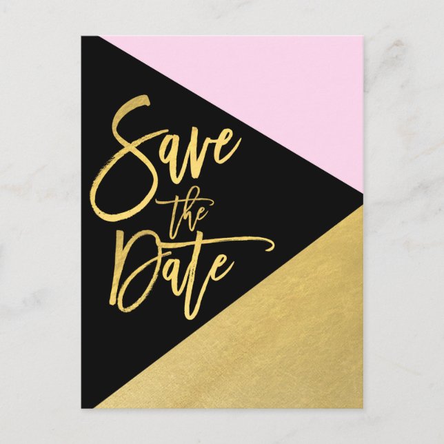 Gold Foil Schwarz Modern Script Save the Date Ankündigungspostkarte (Vorderseite)
