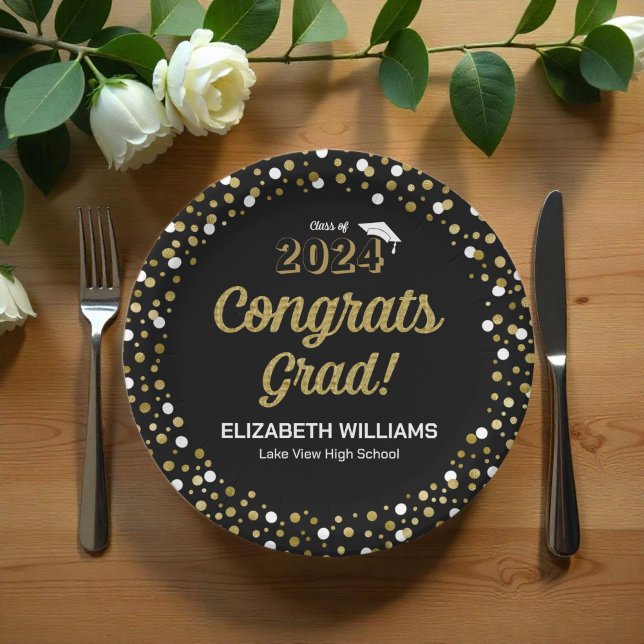 Gold Foil Script Confetti Glückwunschs Grad Black Pappteller (Von Creator hochgeladen)