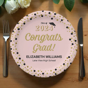 Gold Foil Script Confetti Glückwunschs Grad Pink P Pappteller