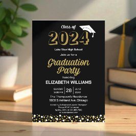 Gold Foil Script Confetti Graduation Party Black Einladung