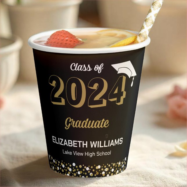 Gold Foil Script Confetti Graduation Party Black Pappbecher (Von Creator hochgeladen)