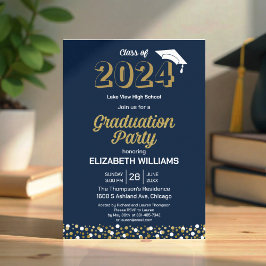Gold Foil Script Confetti Graduation Party Blue Einladung