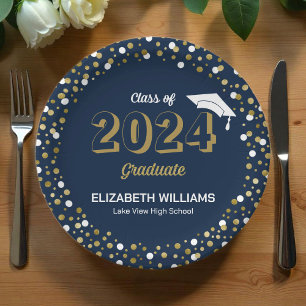 Gold Foil Script Confetti Graduation Party Blue Pappteller