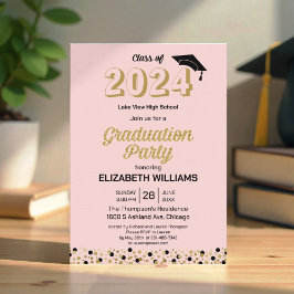 Gold Foil Script Confetti Graduation Party Pink Einladung