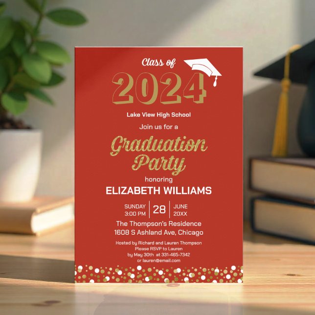 Gold Foil Script Confetti Graduation Party Red Einladung (Von Creator hochgeladen)