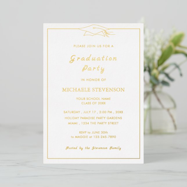 Gold Foil Shiny Luxury Graduation Party Einladung (Stehend vorne)