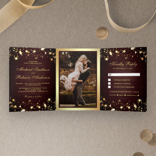 Gold Foil Stars Confetti Rustic Barn Wood Wedding Dreifach Gefaltete Einladung