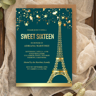 Gold Foil Stars Eiffelturm Aquamarin 16 . Geburtst Einladung