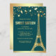 Gold Foil Stars Eiffelturm Aquamarin 16 . Geburtst Einladung (Vorne/Hinten)