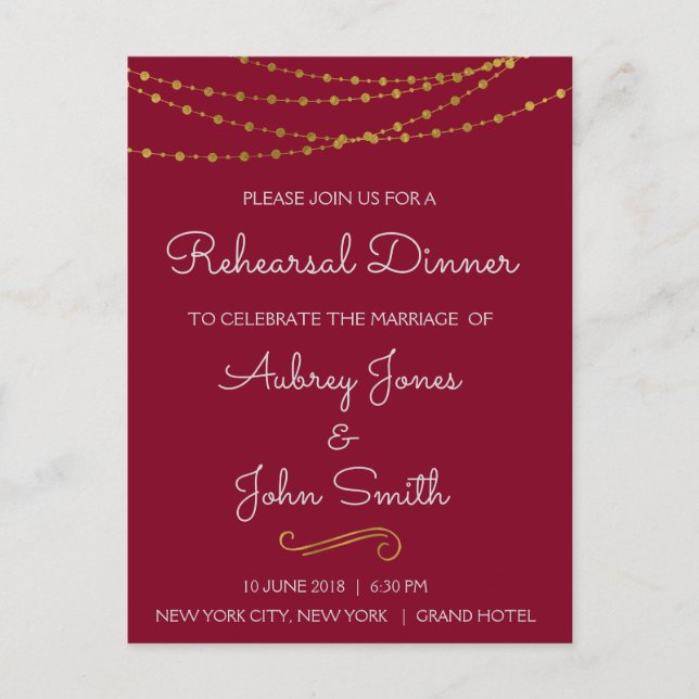 Gold Foil String Lights & Script Probe Dinner Postkarte (Vorderseite)