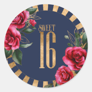 Gold Foil Stripes Floral 16 . Geburtstag Navy ID75 Runder Aufkleber
