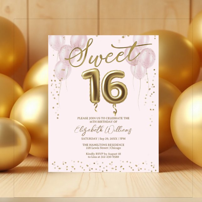 Gold Foil Sweet 16 Balloons Budget Einladungen (Von Creator hochgeladen)