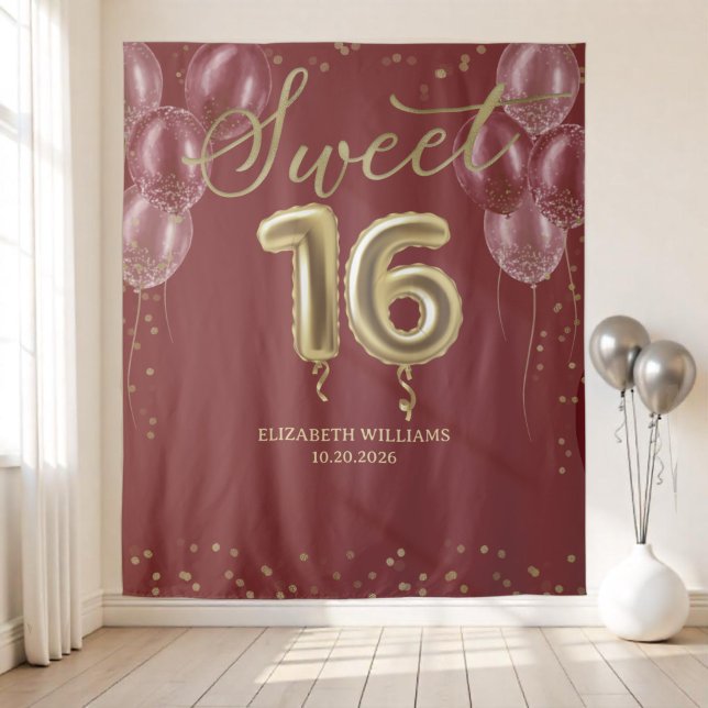 Gold Foil Sweet 16 Balloons Burgund Hintergrund Wandteppich (Von Creator hochgeladen)