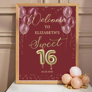 Gold Foil Sweet 16 Balloons Burgund Willkommenszei Poster