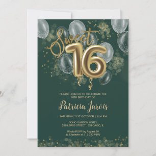 Gold Foil Sweet 16 Balloons Party Emerald Green Einladung