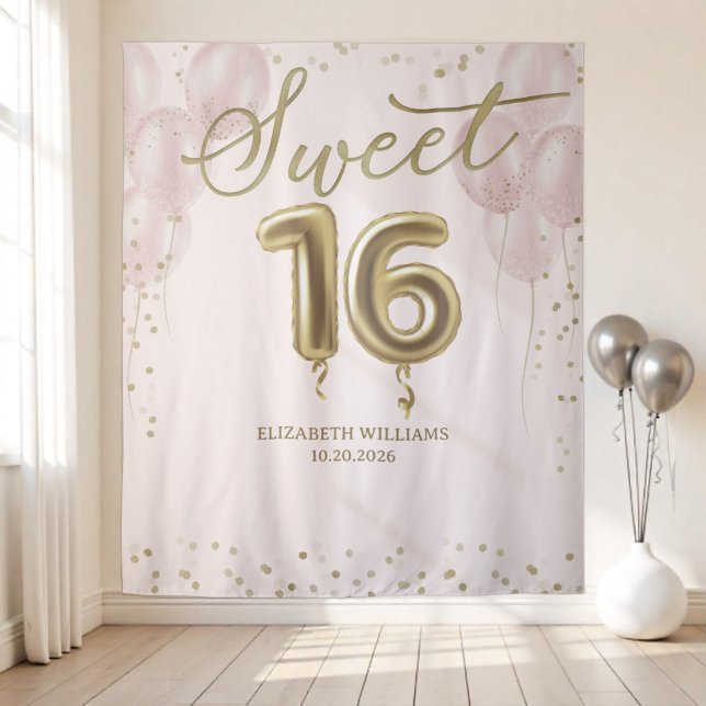 Gold Foil Sweet 16 Balloons Rosa Hintergrund Wandteppich (Von Creator hochgeladen)
