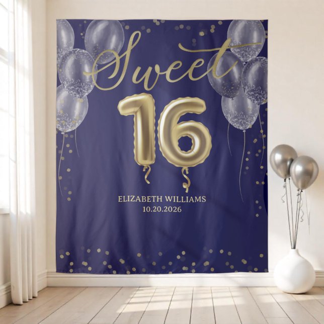 Gold Foil Sweet 16 Balloons Royal Blue Hintergrund Wandteppich (Von Creator hochgeladen)