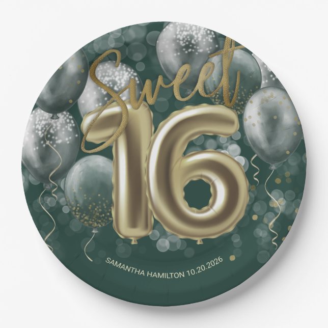 Gold Foil Sweet 16 Bday Balloons Emerald Green Pappteller (Vorderseite)