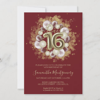 Gold Foil Sweet 16 Bday Balloons Party Burgund Einladung