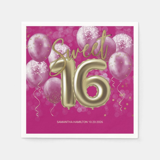 Gold Foil Sweet 16 Bday Balloons Party Hot Pink Serviette (Vorderseite)