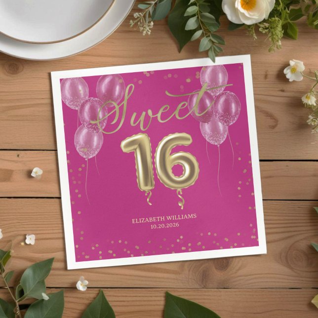 Gold Foil Sweet 16 Bday Balloons Party Hot Pink Serviette (Von Creator hochgeladen)