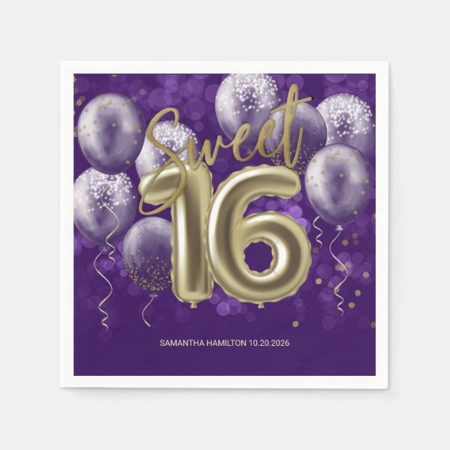 Gold Foil Sweet 16 Birthday Balloons Party Lila Serviette (Vorderseite)