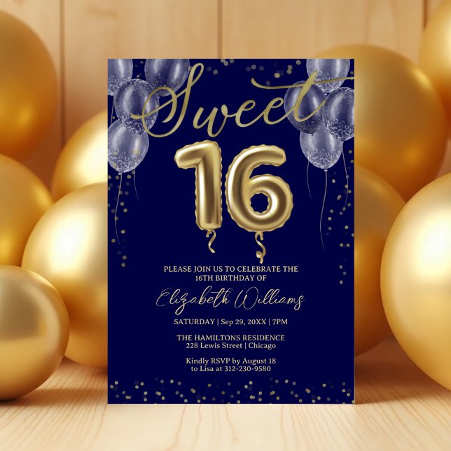 Gold Foil Sweet 16 Birthday Balloons Royal Blue Einladung (Von Creator hochgeladen)