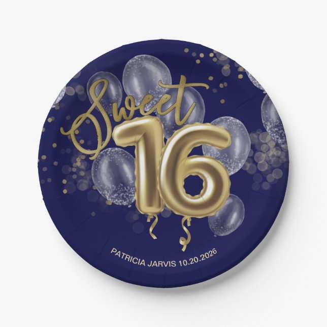 Gold Foil Sweet 16 Birthday Balloons Royal Blue Pappteller (Vorderseite)