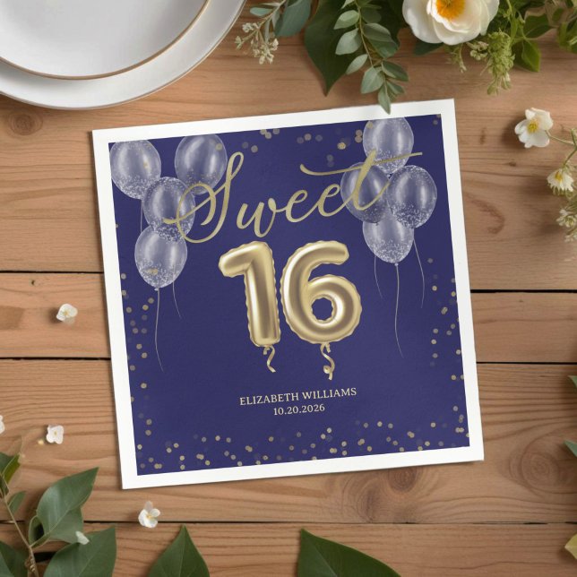 Gold Foil Sweet 16 Birthday Balloons Royal Blue Serviette (Von Creator hochgeladen)