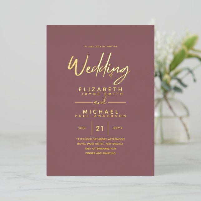 GOLD FOIL Text Dusty Rose Pink Wedding Elegant Folieneinladung (Stehend vorne)