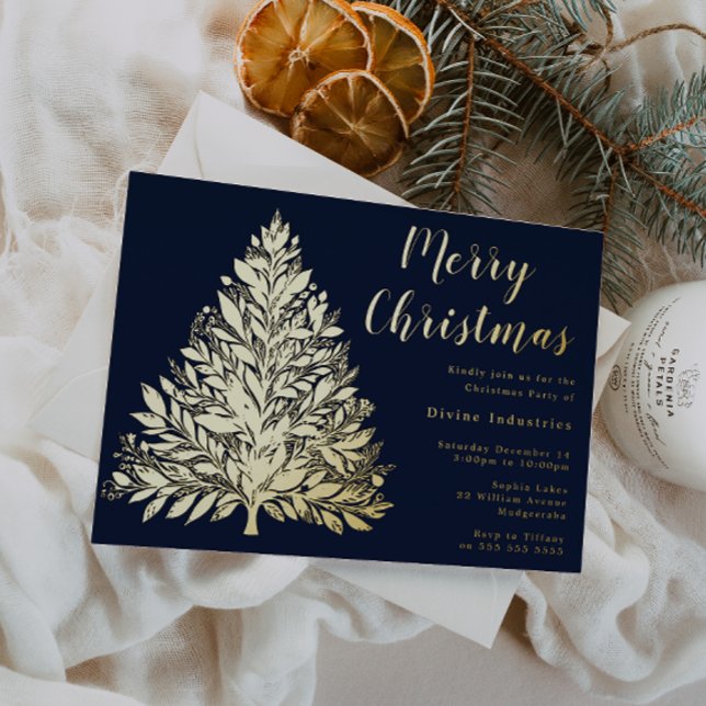 Gold Foil Tree Christmas Party Midnight Navy Folieneinladung (Von Creator hochgeladen)