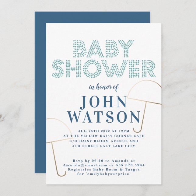 Gold Foil Umbrella Blue and White Baby Dusche Einladung (Vorne/Hinten)