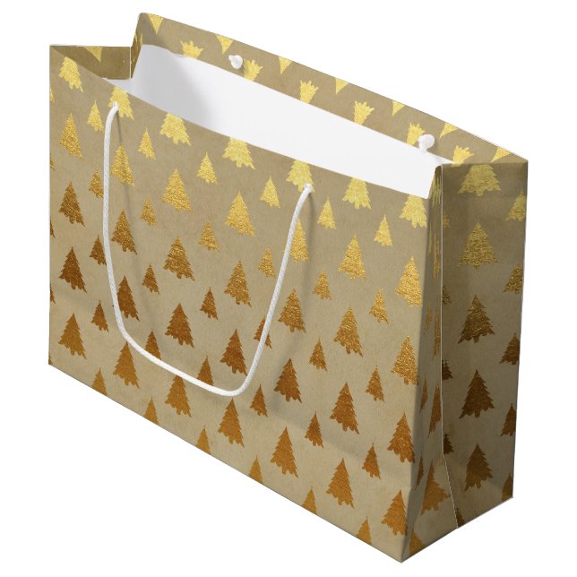 Gold Foil und Kraft Papier Rustikaler Weihnachtsba Große Geschenktüte (Vorderseite Schrägansicht)